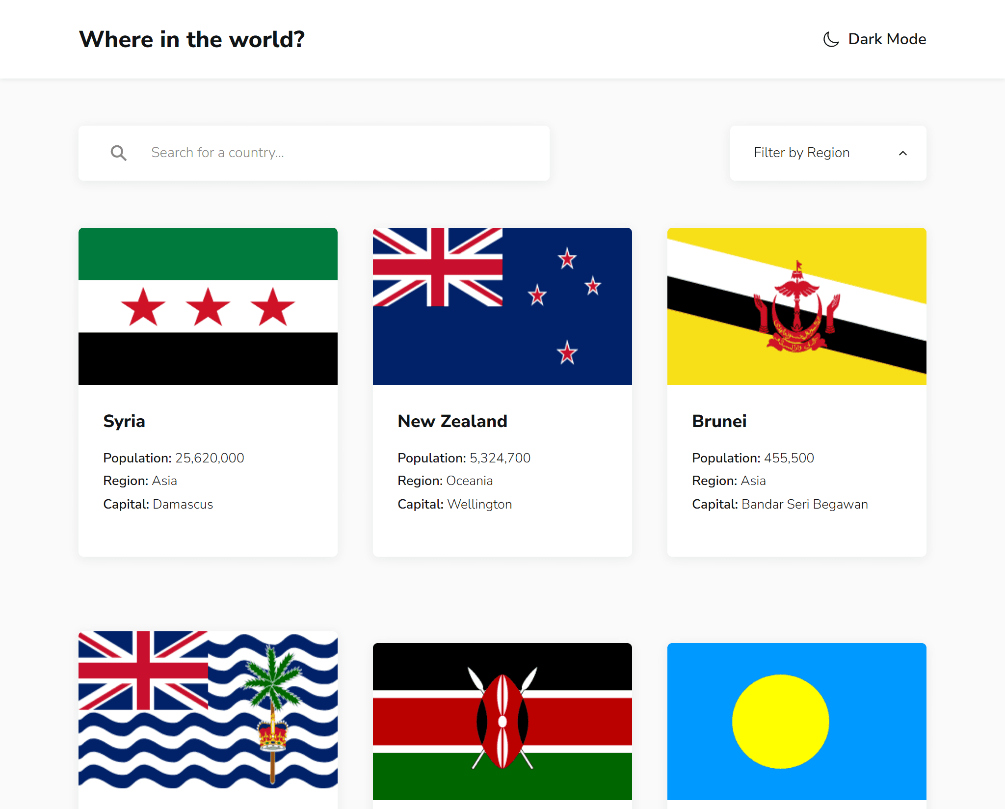 Screenshot of the REST Countries: API powered country database application